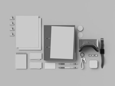 Kurumsal kimlik. Kadar sahte marka. Ofis, banka donatımı, becerikli alet. 3D çizim