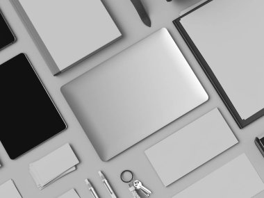 Kurumsal kimlik. Kadar sahte marka. Ofis, banka donatımı, becerikli alet. 3D çizim