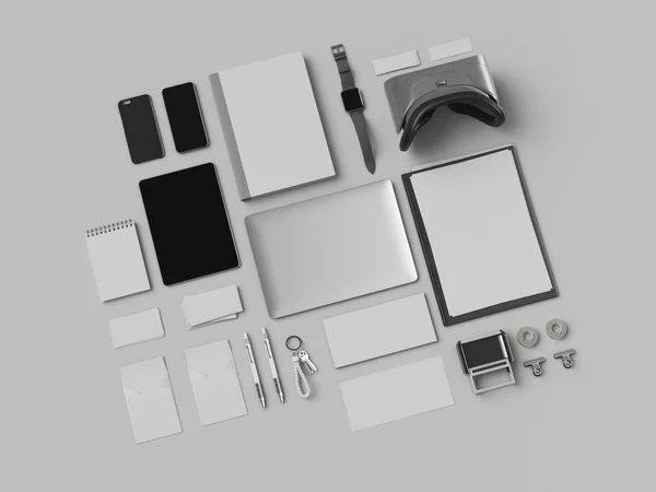 Corporate Identity. Branding Mock Up. Office supplies, Gadgets. 3D illustration — Stock Photo, Image