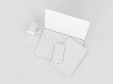 Beyaz kırtasiye ve Mockup marka. Ofis, banka donatımı, becerikli alet. 3D çizim