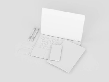Beyaz kırtasiye ve Mockup marka. Ofis, banka donatımı, becerikli alet. 3D çizim