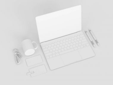 Beyaz kırtasiye ve Mockup marka. Ofis, banka donatımı, becerikli alet. 3D çizim