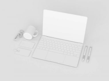 Beyaz kırtasiye ve Mockup marka. Ofis, banka donatımı, becerikli alet. 3D çizim
