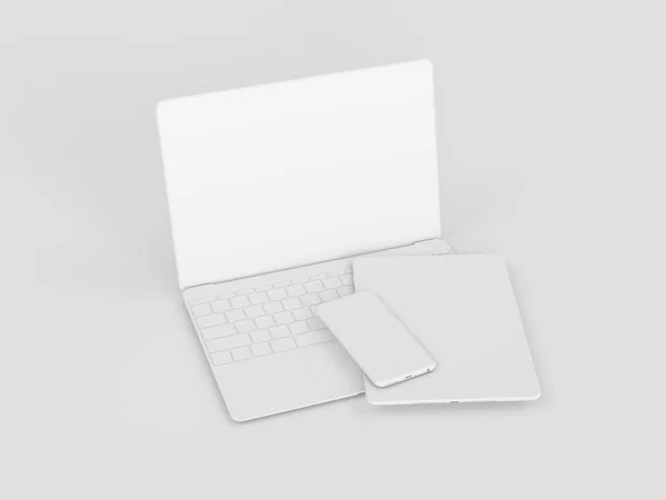 Λευκό χαρτικά & Branding κοροϊδεύω. Είδη γραφείου, Gadgets. 3D απεικόνιση — Φωτογραφία Αρχείου