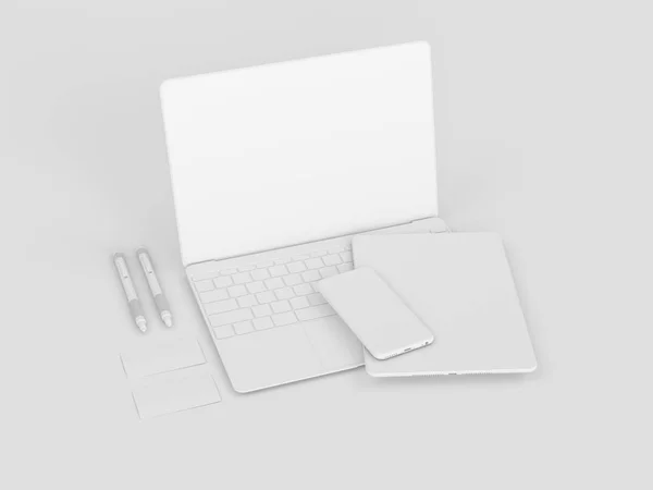 Papeterie blanche & Branding Mockup. Des fournitures de bureau, Gadgets. Illustration 3D — Photo