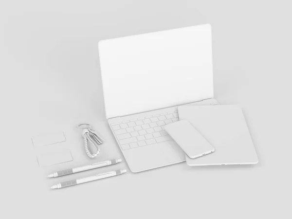 White Stationery & Branding Mockup. Material de escritório, Gadgets. Ilustração 3D — Fotografia de Stock