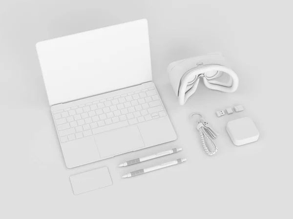 Beyaz kırtasiye ve Mockup marka. Ofis, banka donatımı, becerikli alet. 3D çizim — Stok fotoğraf