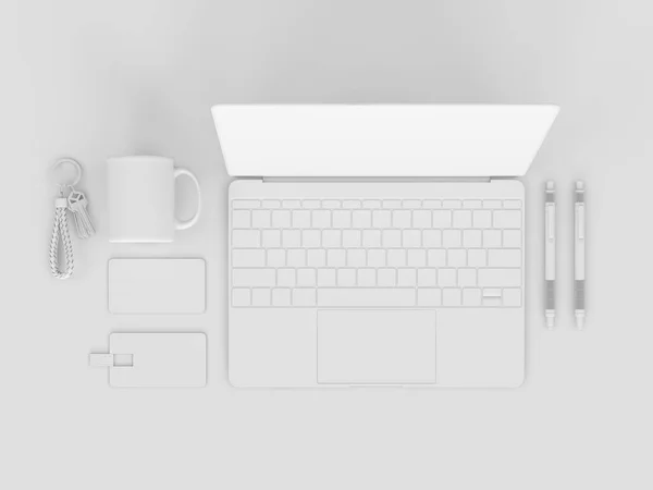 Cancelleria bianca & Branding Mockup. Forniture d'ufficio, Gadgets. Illustrazione 3D — Foto Stock
