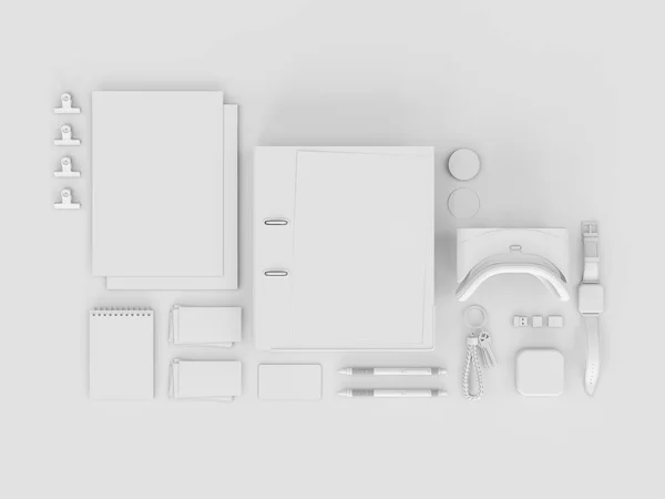 Papetărie albă & Mockup de branding. Proviziile de birou, Gadget-uri. Ilustrație 3D — Fotografie, imagine de stoc