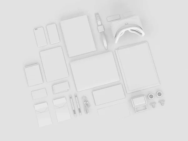 White Stationery & Branding Mockup. Material de escritório, Gadgets. Ilustração 3D — Fotografia de Stock