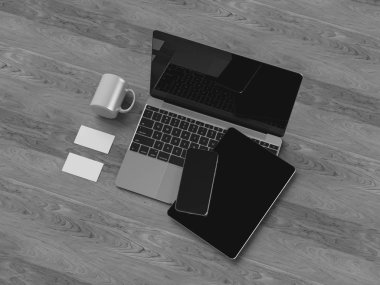 Siyah ve beyaz kurumsal kimlik. Kadar sahte marka. Ofis, banka donatımı, becerikli alet. 3D çizim