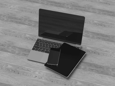 Siyah ve beyaz kurumsal kimlik. Kadar sahte marka. Ofis, banka donatımı, becerikli alet. 3D çizim