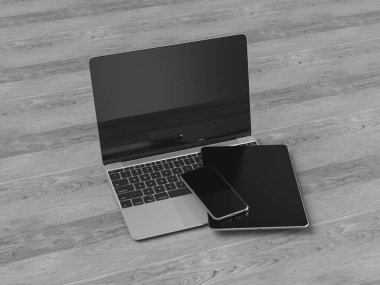 Siyah ve beyaz kurumsal kimlik. Kadar sahte marka. Ofis, banka donatımı, becerikli alet. 3D çizim