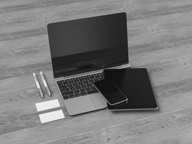 Siyah ve beyaz kurumsal kimlik. Kadar sahte marka. Ofis, banka donatımı, becerikli alet. 3D çizim