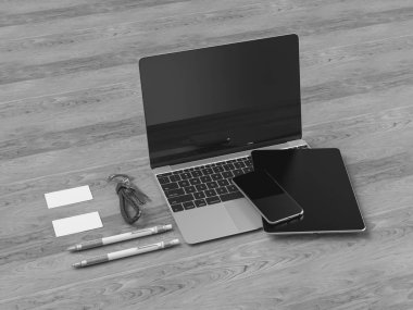 Siyah ve beyaz kurumsal kimlik. Kadar sahte marka. Ofis, banka donatımı, becerikli alet. 3D çizim