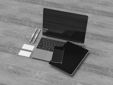 Siyah ve beyaz kurumsal kimlik. Kadar sahte marka. Ofis, banka donatımı, becerikli alet. 3D çizim