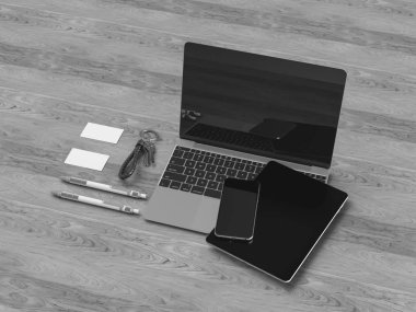 Siyah ve beyaz kurumsal kimlik. Kadar sahte marka. Ofis, banka donatımı, becerikli alet. 3D çizim