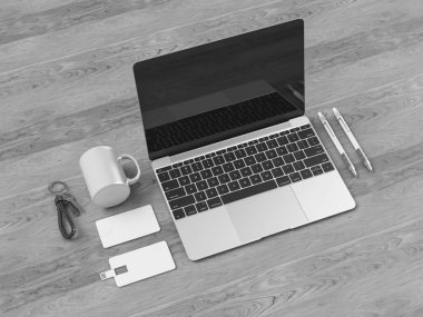 Siyah ve beyaz kurumsal kimlik. Kadar sahte marka. Ofis, banka donatımı, becerikli alet. 3D çizim