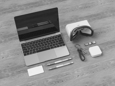 Siyah ve beyaz kurumsal kimlik. Kadar sahte marka. Ofis, banka donatımı, becerikli alet. 3D çizim