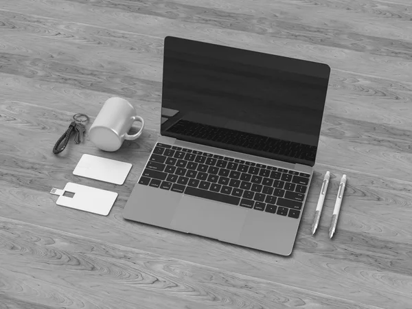 Identité d'entreprise en noir et blanc. Branding Mock Up. Des fournitures de bureau, Gadgets. Illustration 3D — Photo