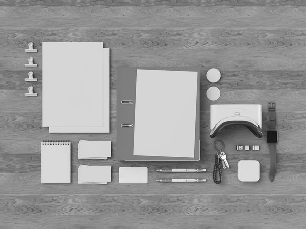 Identité d'entreprise en noir et blanc. Branding Mock Up. Des fournitures de bureau, Gadgets. Illustration 3D — Photo