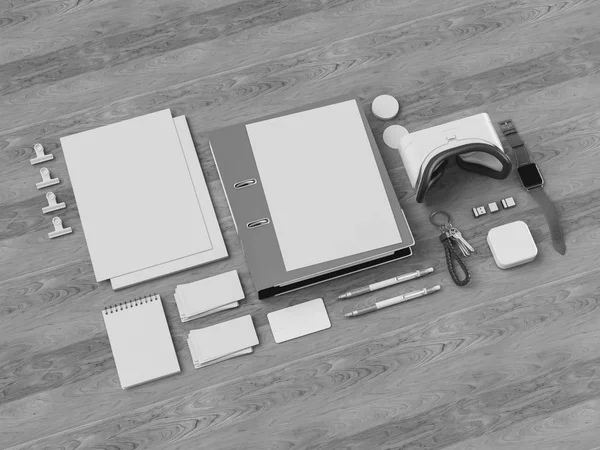 De Corporate Identity van zwart-wit. Branding Mock Up. Kantoorartikelen, Gadgets. 3D illustratie — Stockfoto