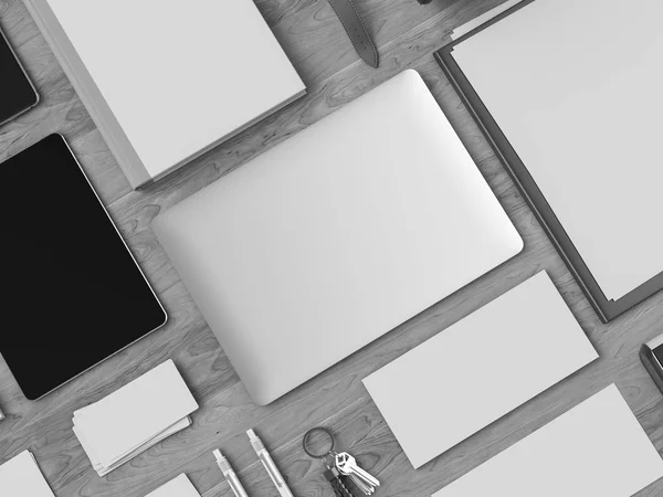 Identità aziendale in bianco e nero. Branding finto. Forniture d'ufficio, Gadgets. Illustrazione 3D — Foto Stock