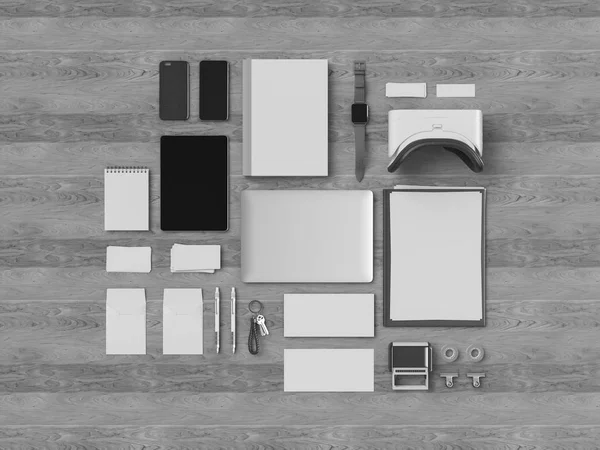 Identité d'entreprise en noir et blanc. Branding Mock Up. Des fournitures de bureau, Gadgets. Illustration 3D — Photo