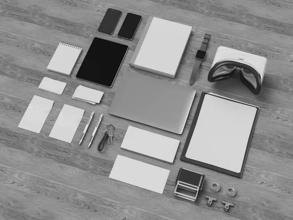 Black and white Corporate Identity. Branding Mock Up. Office supplies, Gadgets. 3D illustration — Stock Photo, Image