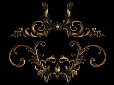 Bronz süs siyah bir arka plan. İzole. 3D çizim