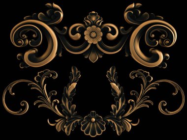 Bronz süs siyah bir arka plan. İzole. 3D çizim