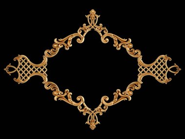 Altın çerçeve süsü. Siyah bir arkaplanda desen var. Lüks oymacılık. İzole edilmiş