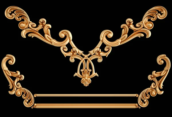 Enfeite dourado segmentos sem costura padrão em um fundo preto. decoração de escultura de luxo. Isolados — Fotografia de Stock