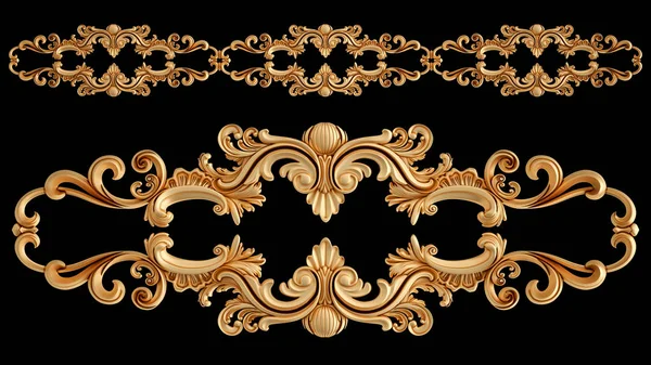 Enfeite dourado segmentos sem costura padrão em um fundo preto. decoração de escultura de luxo. Isolados — Fotografia de Stock