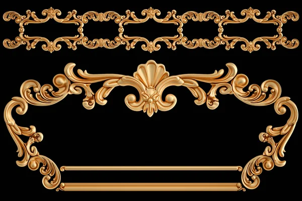 Złote segmenty ozdoby bezszwowy wzór na czarnym tle. luksusowe dekoracje rzeźbiarskie. Izolacja — Zdjęcie stockowe