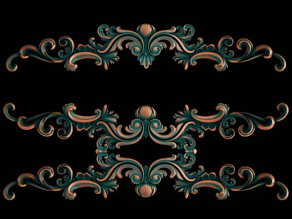 Collection of copper ornaments with green patina on a black background. Isolated — Stock Photo, Image