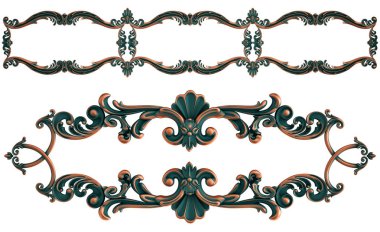 Beyaz arka planda yeşil işlemeli bakır süsleme koleksiyonu. İzole edilmiş