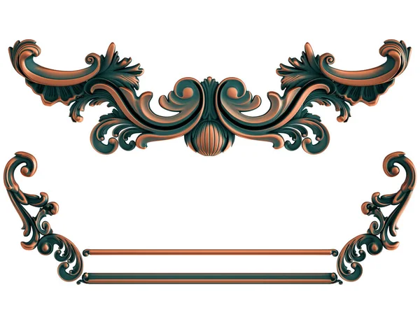 Colección de adornos de cobre con pátina verde sobre fondo blanco. Aislado — Foto de Stock
