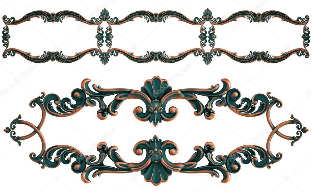 Collection of copper ornaments with green patina on a white background. Isolated
