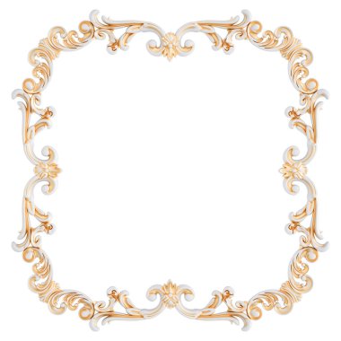 Beyaz arka planda altın işlemeli beyaz süs çerçevesi. İzole edilmiş
