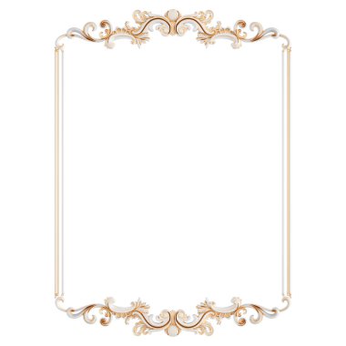 Beyaz arka planda altın işlemeli beyaz süs çerçevesi. İzole edilmiş