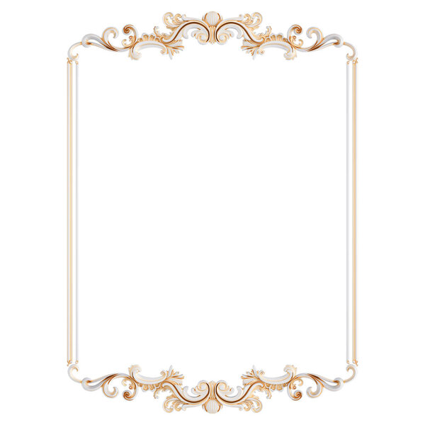 White ornament frame with gold patina on a white background. Isolated