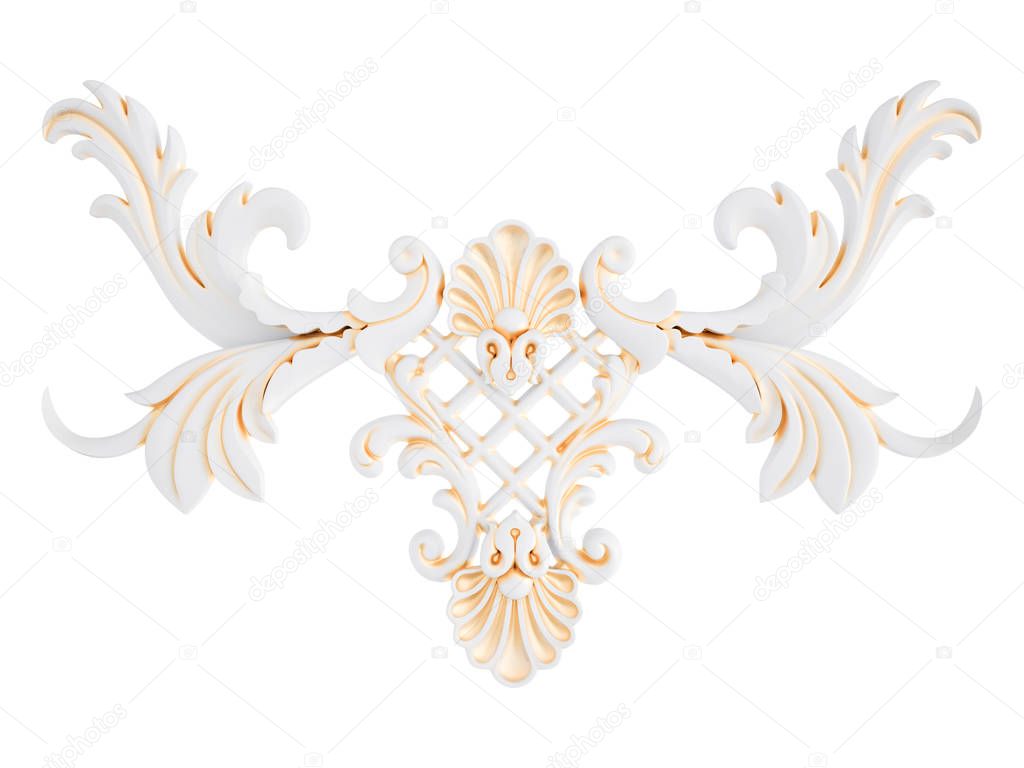 White ornament with gold patina on a white background. Isolated