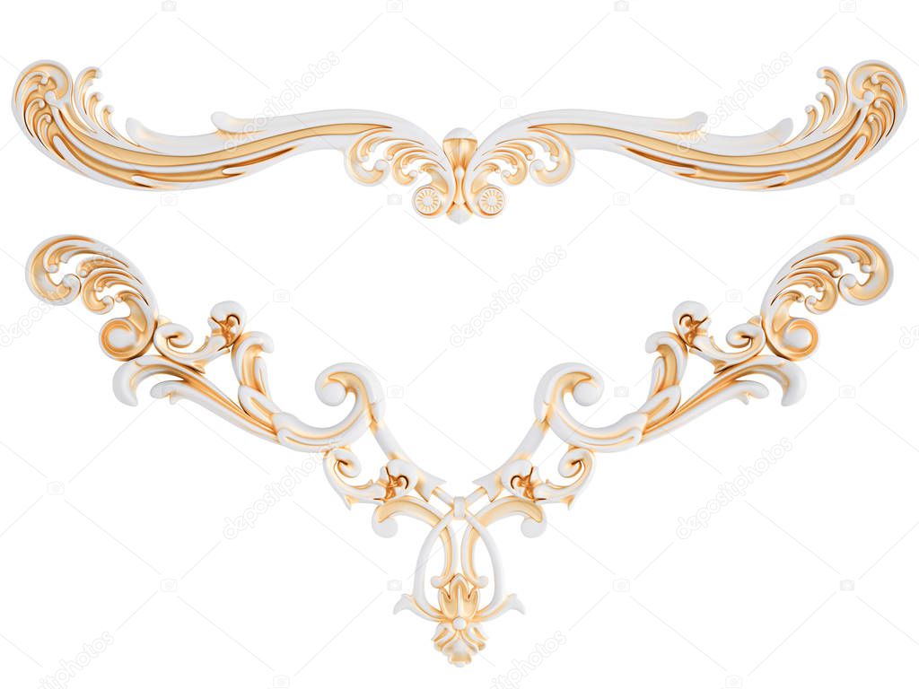 White ornament with gold patina on a white background. Isolated