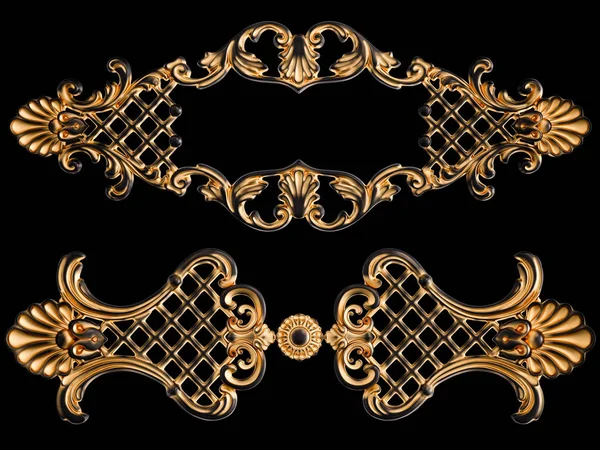 Zwarte ornament met gouden patina op een zwarte achtergrond. Geïsoleerd — Stockfoto