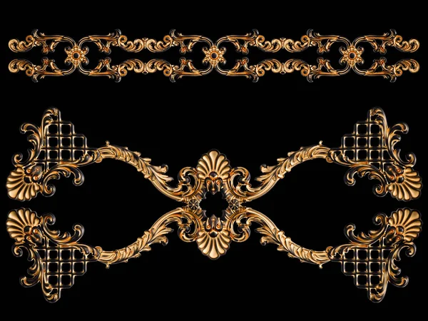 Ornamento nero con patina d'oro su sfondo nero. Isolato — Foto Stock