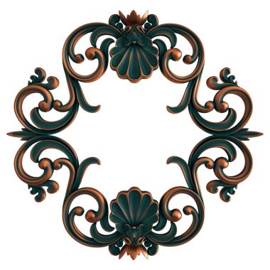 Bakır çerçeve süsleme segmentleri beyaz arka planda kusursuz desen. Lüks oymacılık. İzole edilmiş siyah arka plan. İzole edilmiş