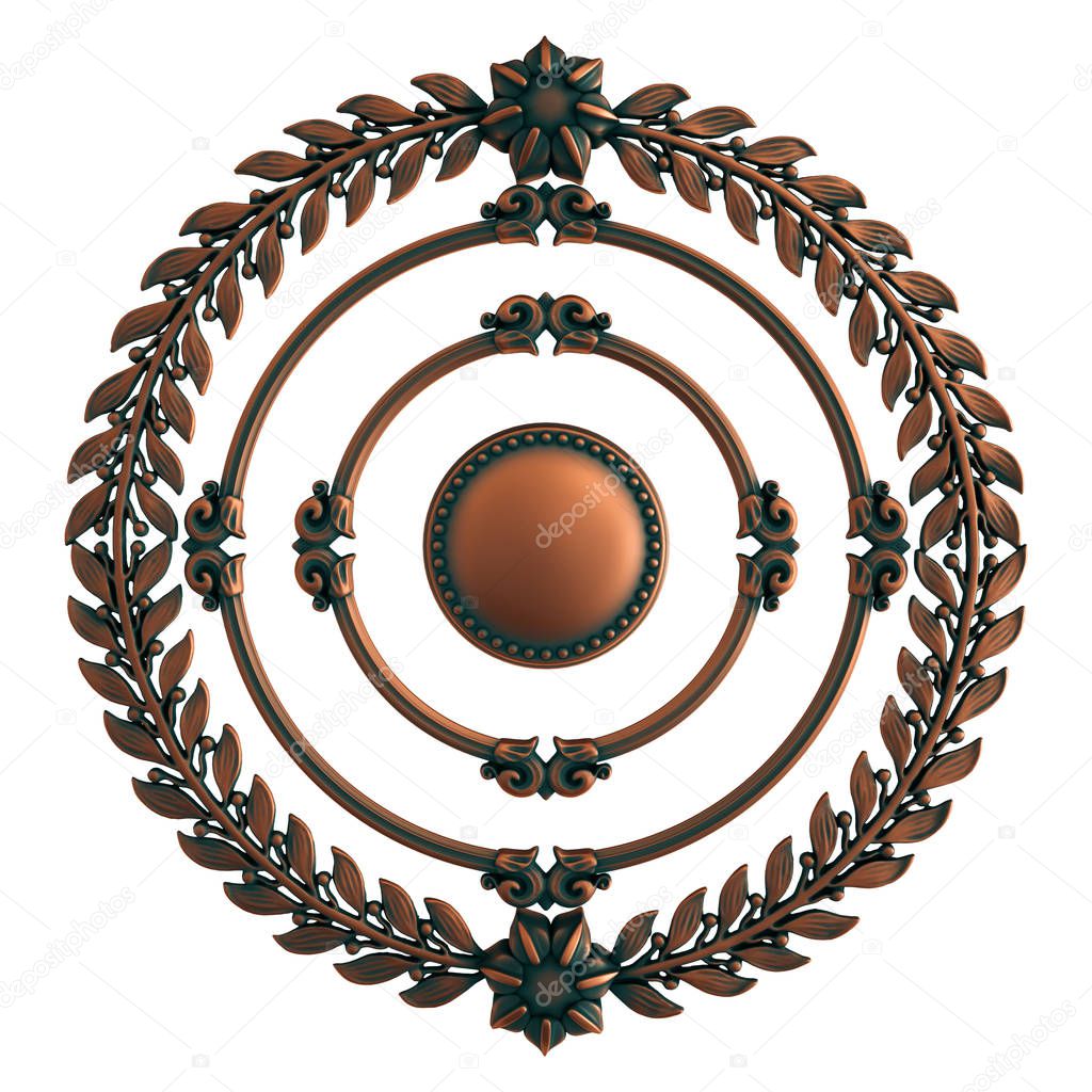 Collection of copper ornaments with green patina on a white background. Isolated