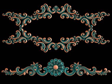 Siyah arka planda yeşil gülü bakır süsleme koleksiyonu. İzole edilmiş