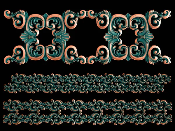 Collection of copper ornaments with green patina on a black background. Isolated